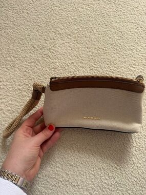 Michael Kors Cream and Brown Wristlet Clutch with Rope Strap